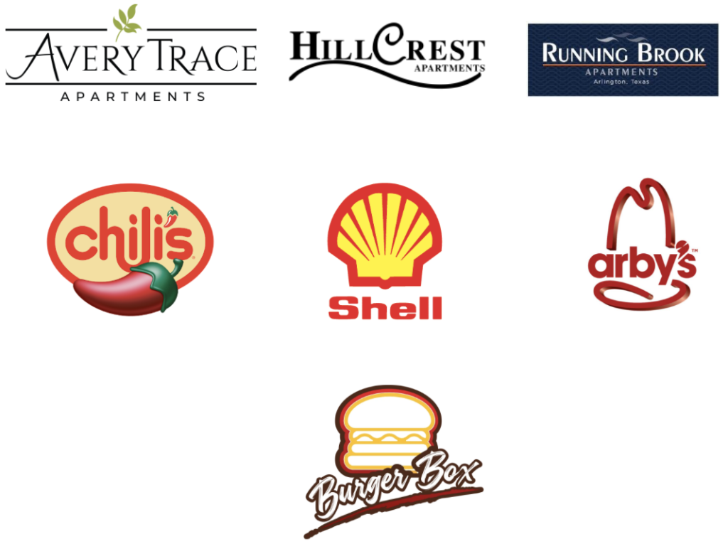 Trusted clients including Avery Trace, HillCrest, Running Brook Apartments, Chili's, Shell, Arby's, Burger Box